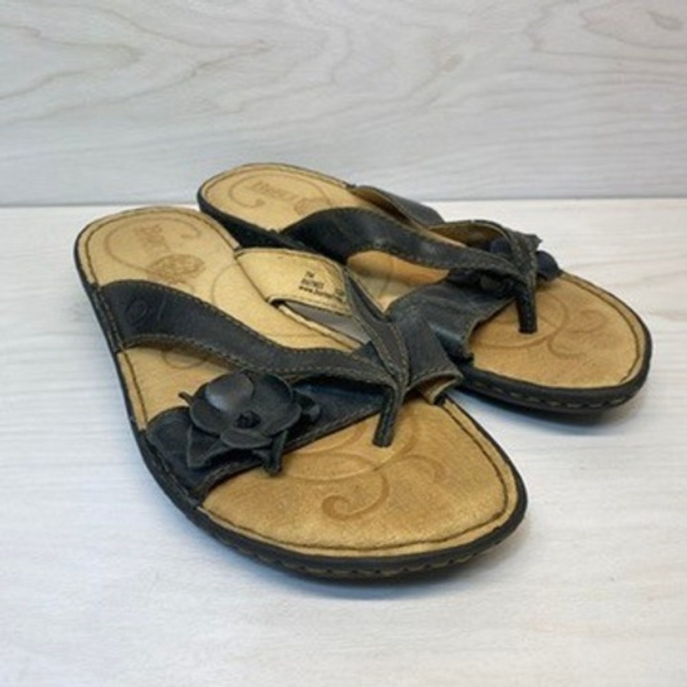 Born Womens 7 Rhymes Leather Thong Sandals Flower Black Boho B97903 Comfort